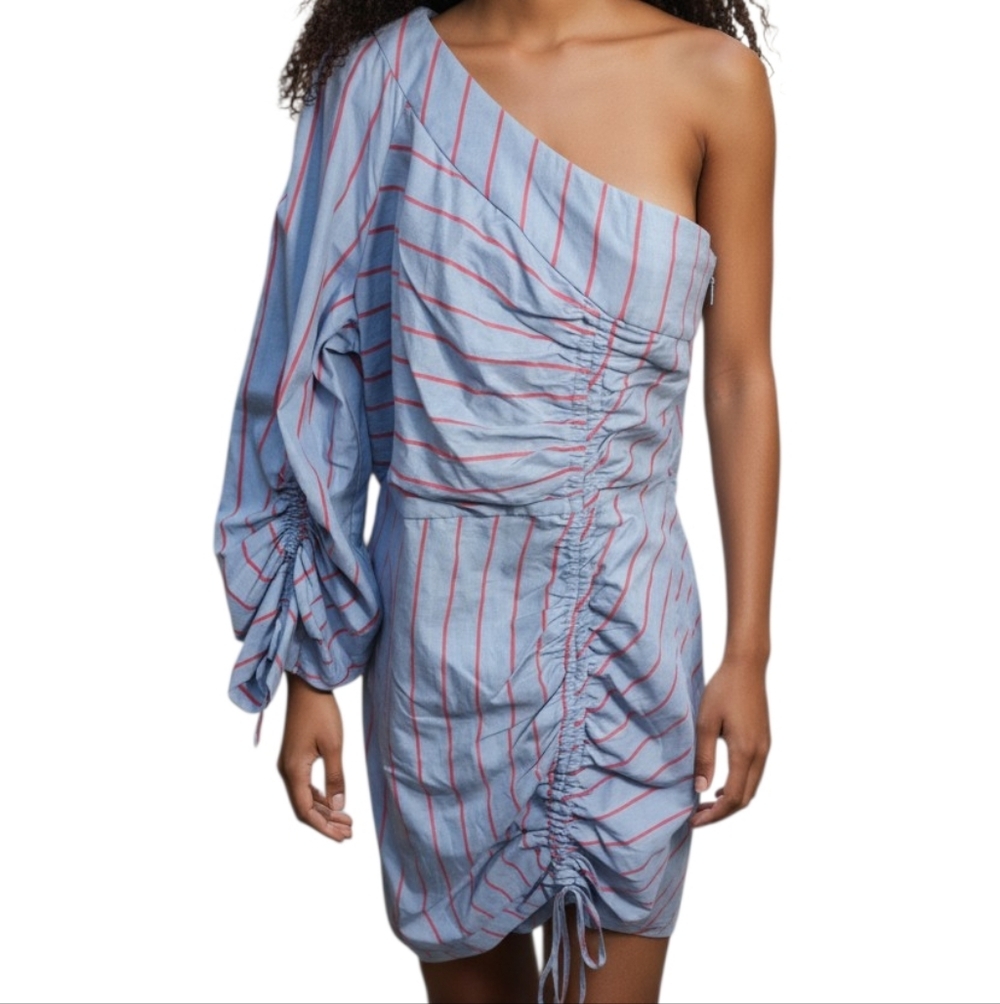 Parker Blue Red Stripe Cinched Ruched One Shoulder Zip Side Mini Dress Sz 6